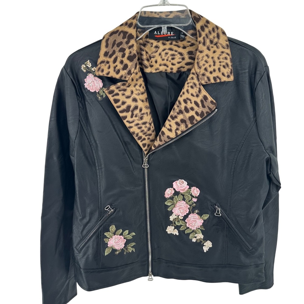 Allure by Julia K Womens XL‎ Black Faux Leather Moto Jacket Leopard Rose Floral - Picture 2 of 15